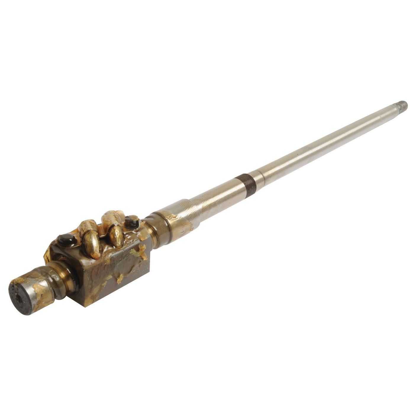 A long, cylindrical metal rod with a rectangular component attached near one end, featuring screws and a chain mechanism, commonly found in Ford New Holland machinery as part of the steering shaft, is available as the Steering Shaft | Sparex Part No. S.67000 from the Sparex brand.