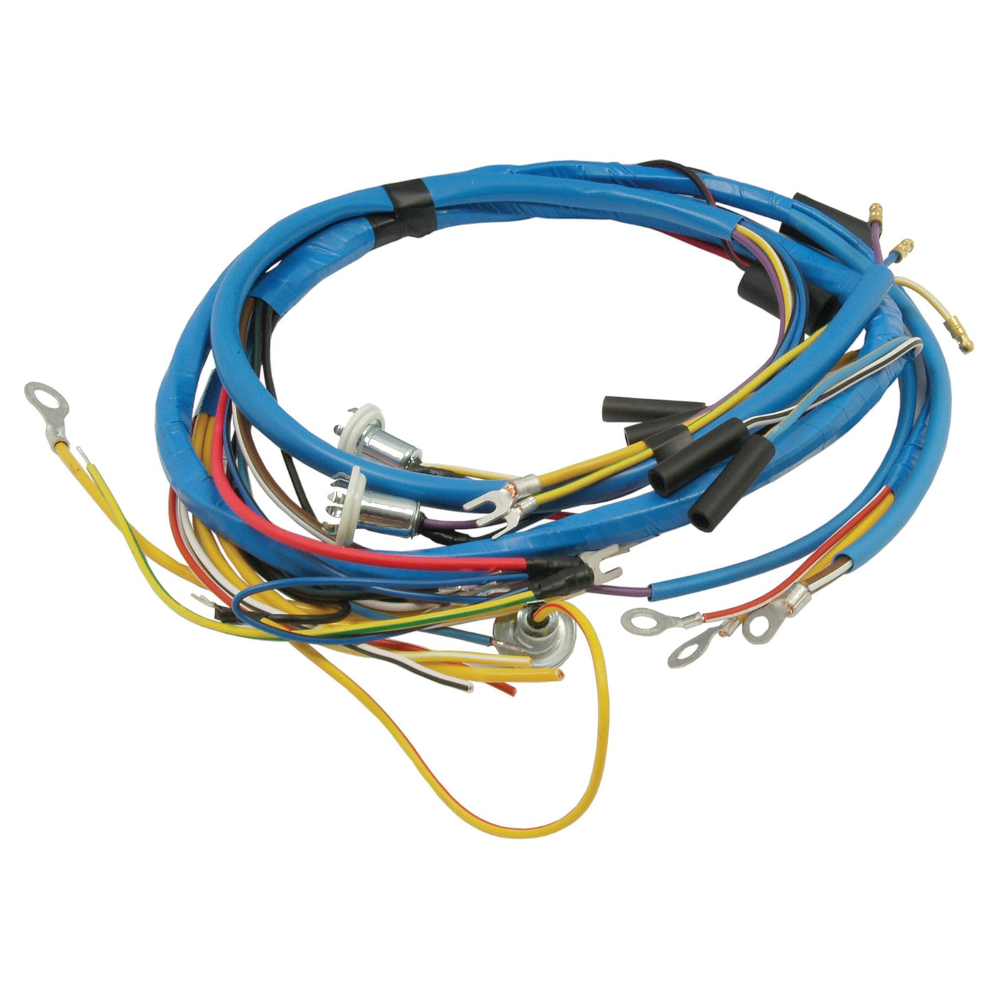 The Sparex Wiring Harness (Part No. S.67032) for Ford / New Holland SUPER DEXTA features a coiled bundle of various electrical wires in different colors connected with terminals and connectors, all wrapped with blue insulation.