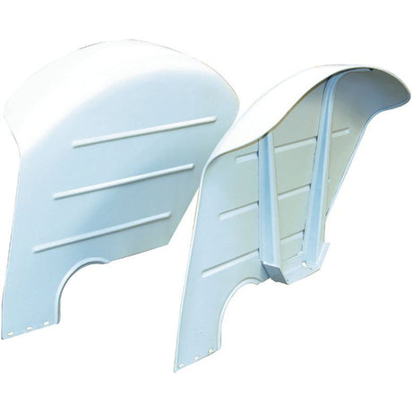 The Fender Set (RH & LH), identified by Sparex Part No. S.67048, includes two white, curved plastic fenders shown from front and rear views. These fenders are designed for vehicle protection, seamlessly fit Ford New Holland tractors, and are Sparex compatible.