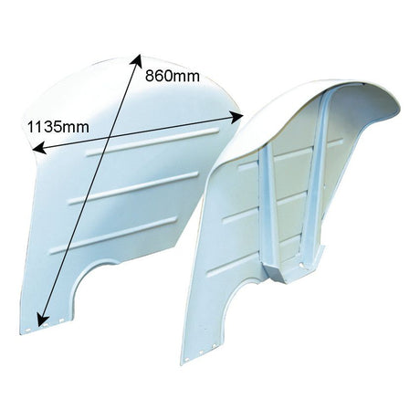 Two metal panels of different sizes are placed side by side, showing dimensions of 1135mm by 860mm for the larger panel, perfect as the Fender Set (RH & LH) with Sparex Part No. S.67048 for Ford New Holland machinery.