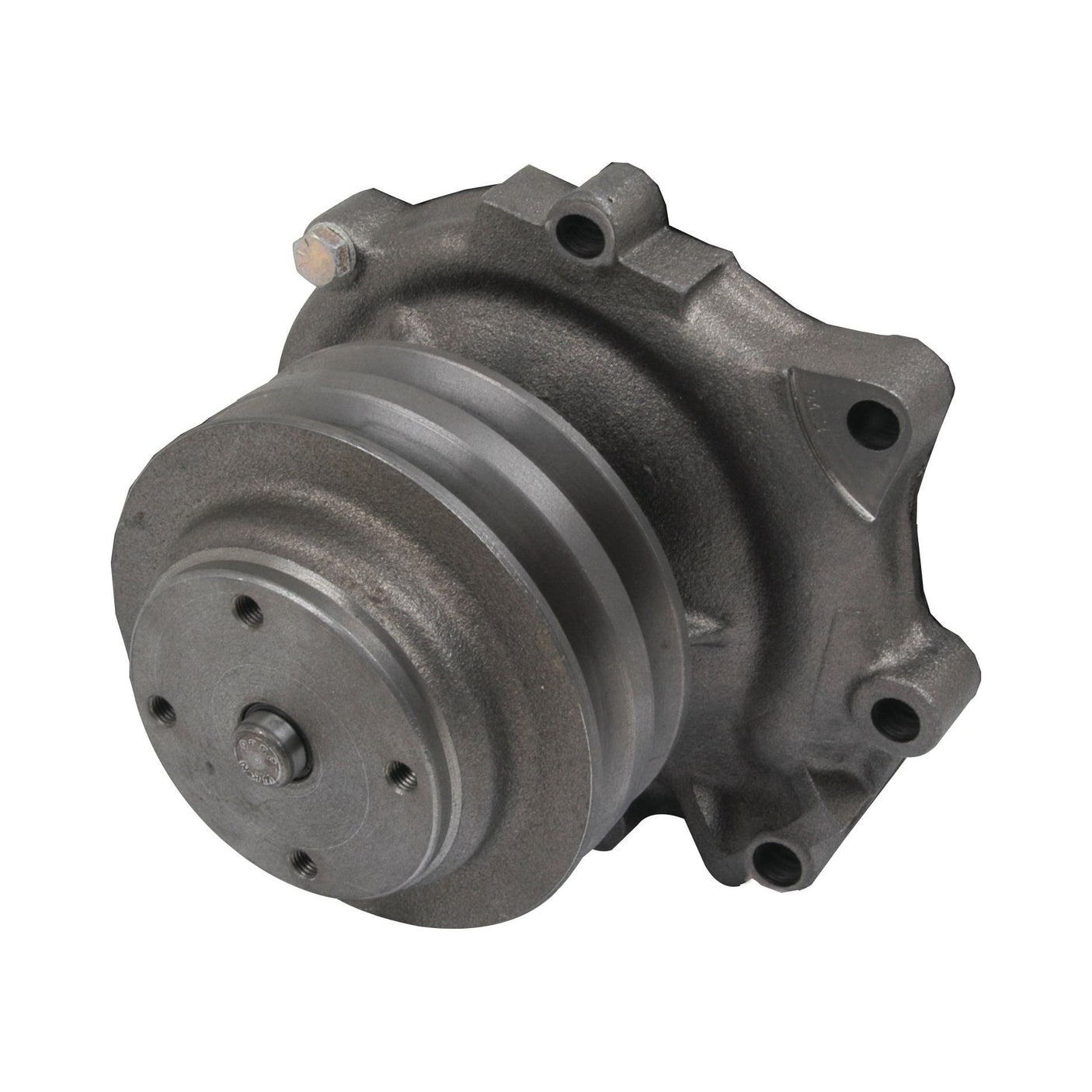 The Sparex Water Pump Assembly (Supplied with Pulley) | Sparex Part No.S.67068 is a metal automotive component featuring multiple mounting holes, double groove cylindrical sections, and additional grooves, making it likely suitable for an engine or machinery system such as the Ford/New Holland 7810.