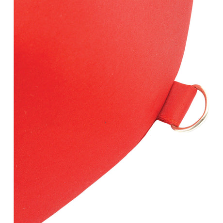 Close-up of a Sparex Seat Cushion - Red (Part No. S.670) featuring a metal ring attached to a small fabric loop, showcasing fine product specifications.