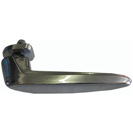 A metallic car door handle with a smooth, shiny surface and a mounting mechanism attached on one end; it could easily be mistaken for the premium Bonnet Handle offered by Sparex, Part No. S.67106.