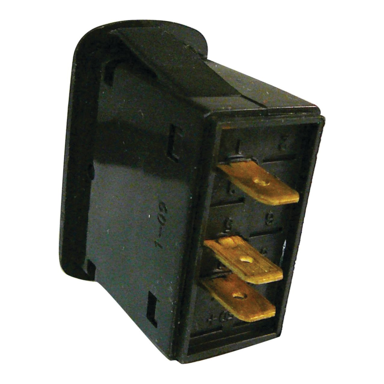 A Sparex Indicator Switch (Part No. S.67124) is a black rectangular rocker switch with three metal prongs, suitable for use as an indicator switch on Farmtrac 50 or Farmtrac 55 models.