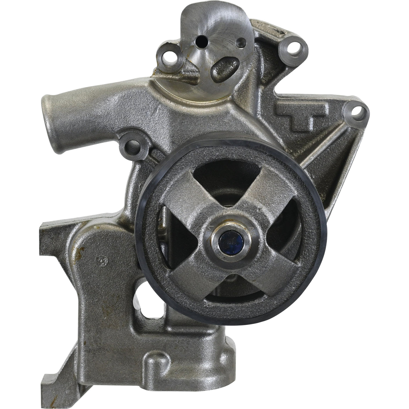 Close-up image of the Sparex Water Pump Assembly (Supplied with Pulley) - S.67128, highlighting its metallic structure with a visible Poly-Vee Pulley and housing, showcasing its mechanical components.