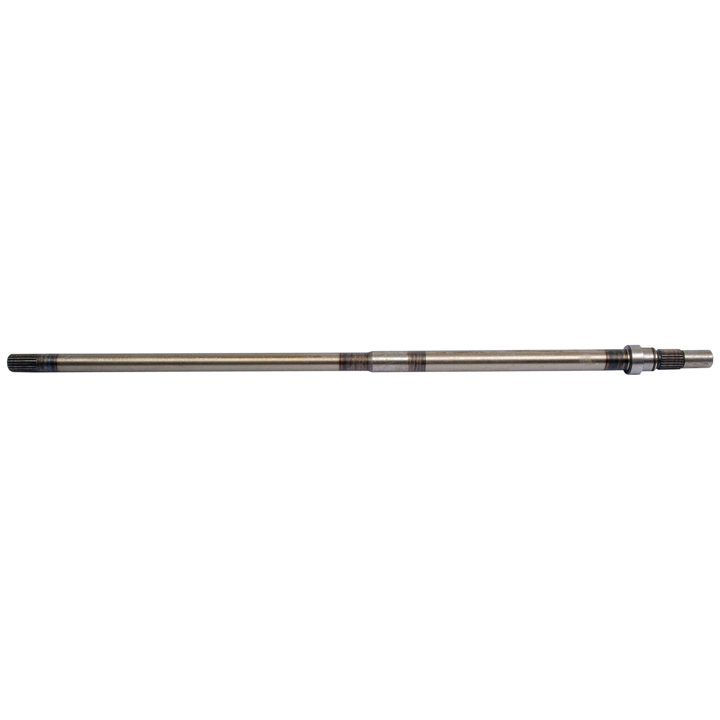 The PTO Shaft - S.67130 by Sparex is a long metal rod featuring splines along its length, with a threaded section on one end and a flanged section near the other.