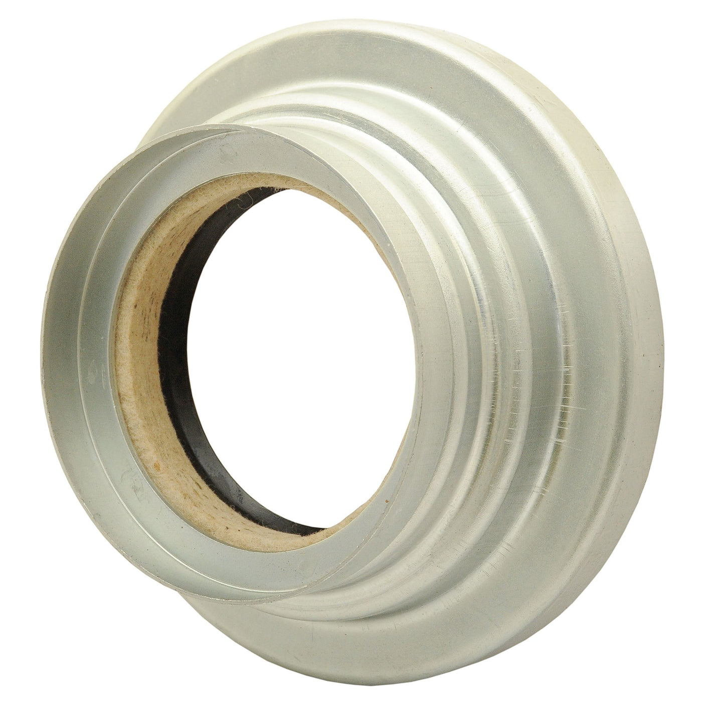 A metallic, cylindrical flanged fitting with a grooved outer surface and an inner sleeve, resembling the Seal & Retainer Assembly (S.67138) from Sparex, isolated on a white background.