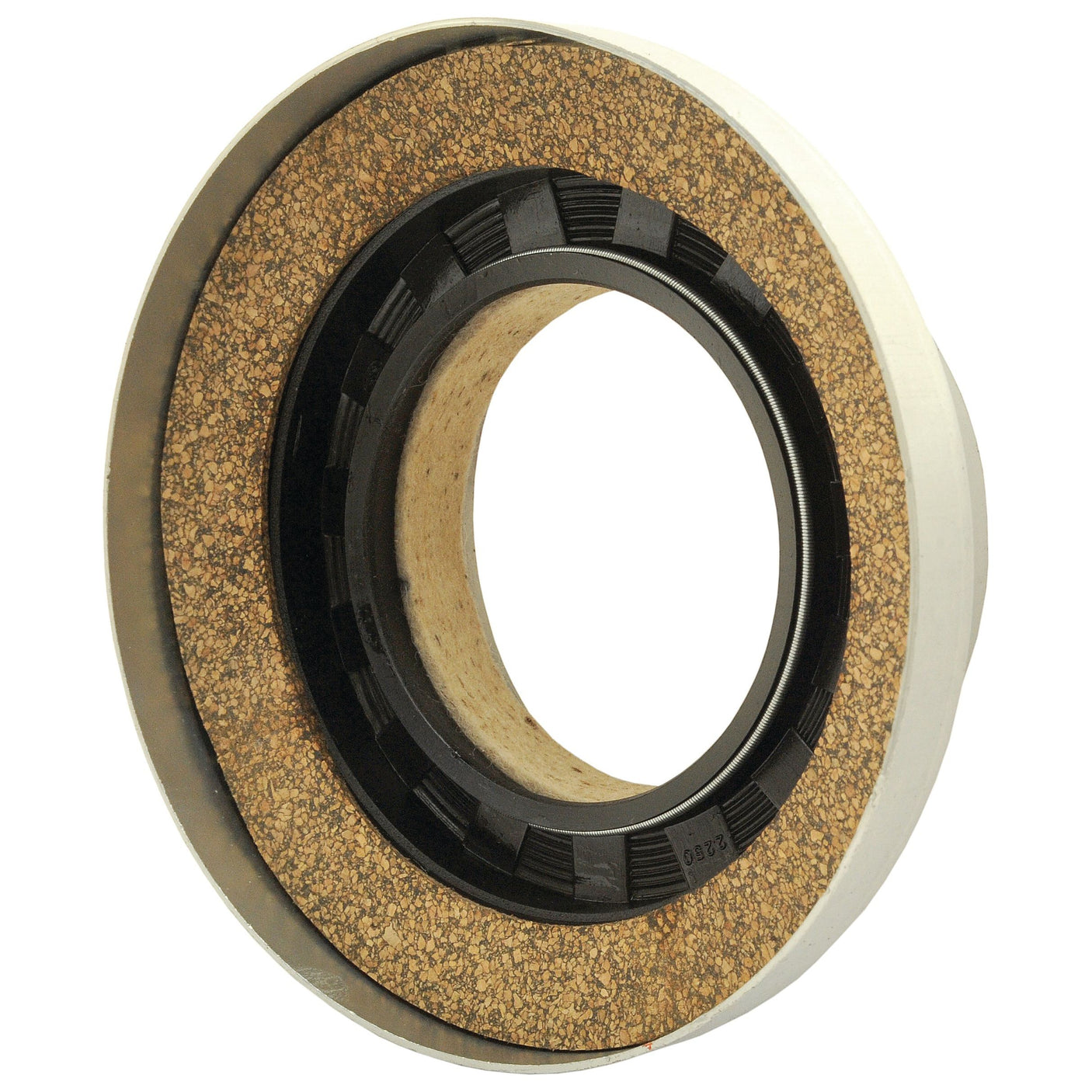 Close-up of the Seal & Retainer Assembly - S.67138 from Sparex, featuring a metal outer casing, a rubber inner ring, and a cork-like middle layer, designed for industrial applications.