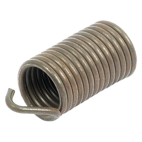 A rusted metal coil spring sits on a white background. One end of the spring has a hook, resembling the Brake Pedal Return Spring from Sparex, Part No. S.67142, used in a Ford New Holland tractor.