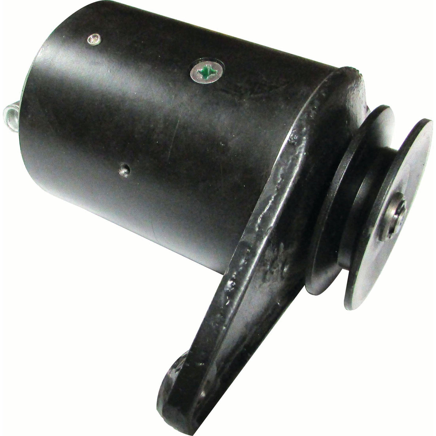 A black metal Generator (Sparex Part No. S.67161) with a cylindrical body, a protruding bracket, and a pulley wheel on one end is suitable for Ford / New Holland machinery. Perfect as a replacement part from the brand Sparex for your generator system.