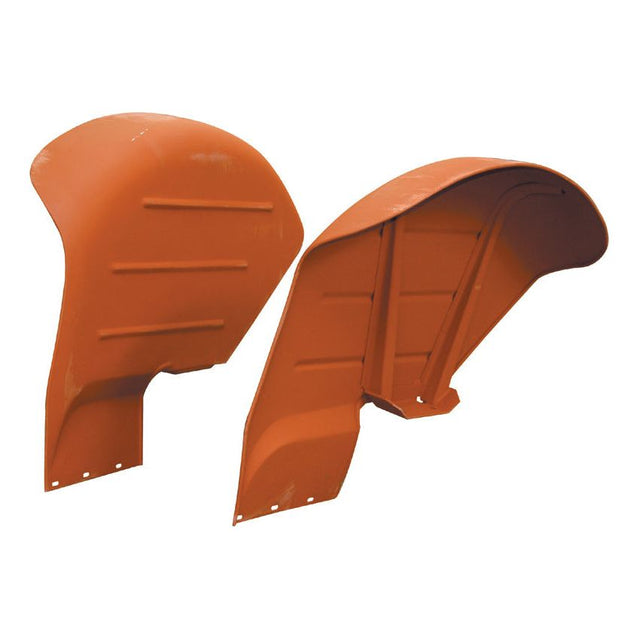 The Sparex Fender Set (RH & LH), or Sparex Part No.S.67169, features two orange metal fenders with grooved patterns designed to protect vehicles and enhance their aesthetics. Displayed against a plain white background, these fenders are ideal for tractors such as Massey Ferguson or Ford New Holland, showcasing both durability and style.