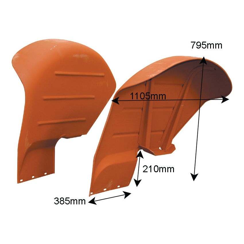 Two orange metal fender sets from Massey Ferguson, bearing the Sparex Part No. S.67169, with labeled dimensions: 795mm height, 1105mm length, 210mm width, and an additional measurement of 385mm.