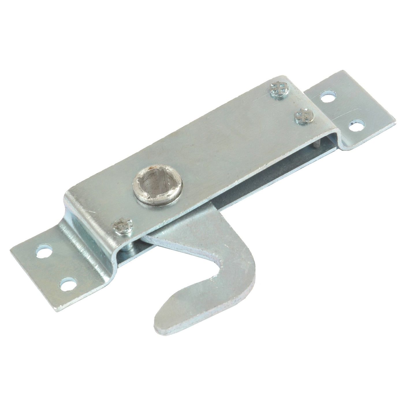 The Bonnet Catch Assembly (Sparex Part No. S.67183) by Sparex features a metal latch with a hook mechanism and mounting plates on both ends, designed for securing doors or panels. Ideal for use in Ford / New Holland vehicles.