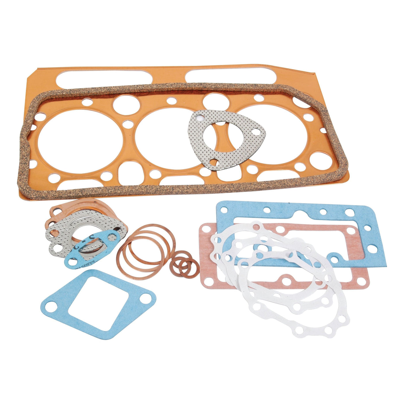 A Top Gasket Set - 3 Cyl. (P3) by Sparex (Sparex Part No. S.67184), featuring an assortment of various gaskets and seals in different shapes and sizes—including a head gasket, O-rings, and other types specifically designed for a Perkins Engine—arranged on a white background.