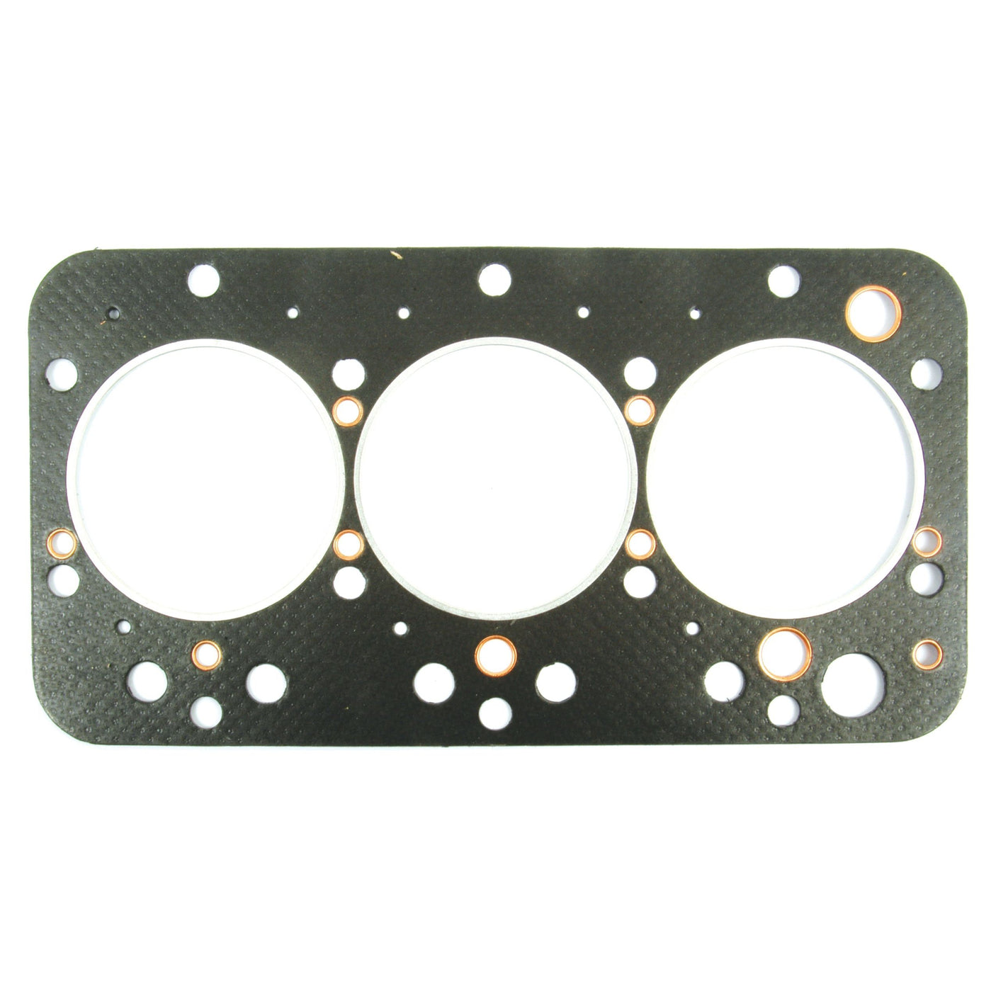 The Sparex Head Gasket for 3-cylinder engines (UTB 530), part number S.67190, is designed specifically for the Long Tractor UTB 530. This gasket features multiple bolt holes and internal passageways, is made of composite material, and has a predominantly black appearance with metallic sections around the holes.