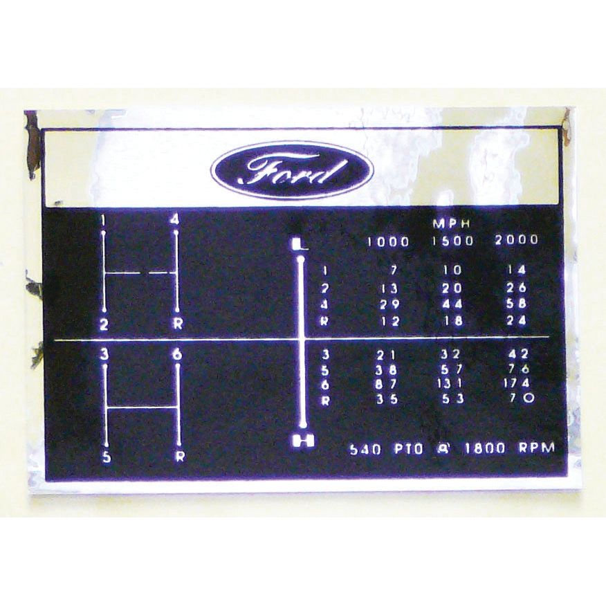 Image of a manual transmission shift pattern diagram for a Ford vehicle, featuring the Gear Stick Decal | Sparex Part No. S.67193 by Sparex, showing the gear positions and corresponding speeds in RPM. The Ford logo is prominently displayed at the top.