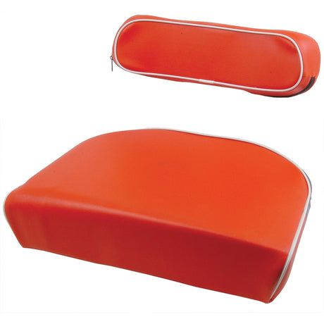 Two red rectangular Seat Cushion & Back Rests with rounded corners and white piping from Sparex (Part No.S.67197). One cushion is shown from the side while the other is displayed from the top, exemplifying Sparex quality.