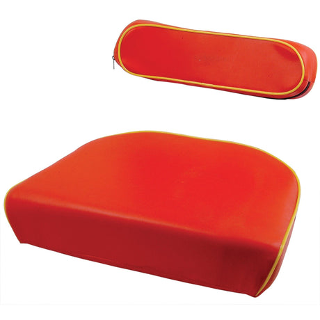 Two Sparex Seat Cushion & Back Rests (Sparex Part No. S.67198) with red fabric and yellow piping, suitable for a variety of seating arrangements. One cushion is shown from a top-down perspective, while the other is displayed from a side view. These red cushions with yellow trim are ideal for Sparex seating solutions.