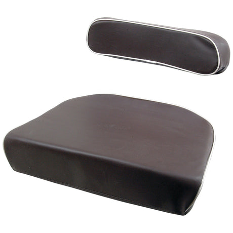 The Seat Cushion & Back Rest (Sparex Part No.S.67199) from Sparex features a dark brown cushioned seat and a matching backrest cushion, both accented with white trim along the edges. Suitable for various settings, this product is isolated on a white background and reflects Sparex's commitment to quality and durability.