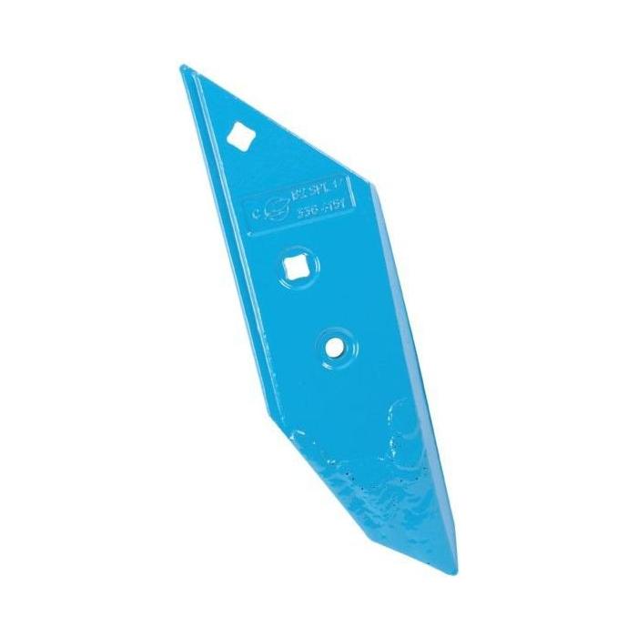 The Lemken - Share Point - 3364151 L/H, a blue metal agricultural blade compatible with Lemken Ploughs, features two holes and a mounting slot for secure attachment. This hardened share point from Lemken ensures durability and efficiency in the field.