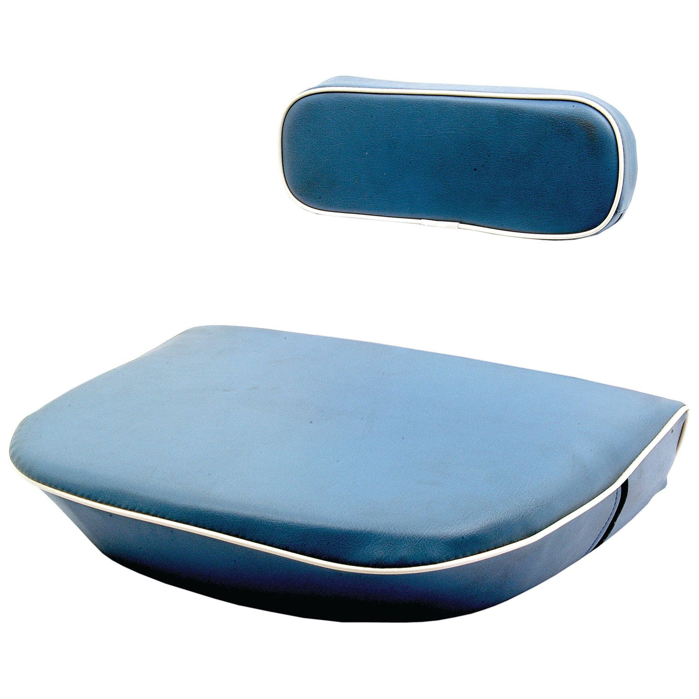 The Sparex Seat Cushion & Back Rest (Sparex Part No. S.67202) features a blue cushioned seat and backrest with white piping, ideal for outdoor furniture or boat seating, and evokes the timeless style of classic Ford upholstery.