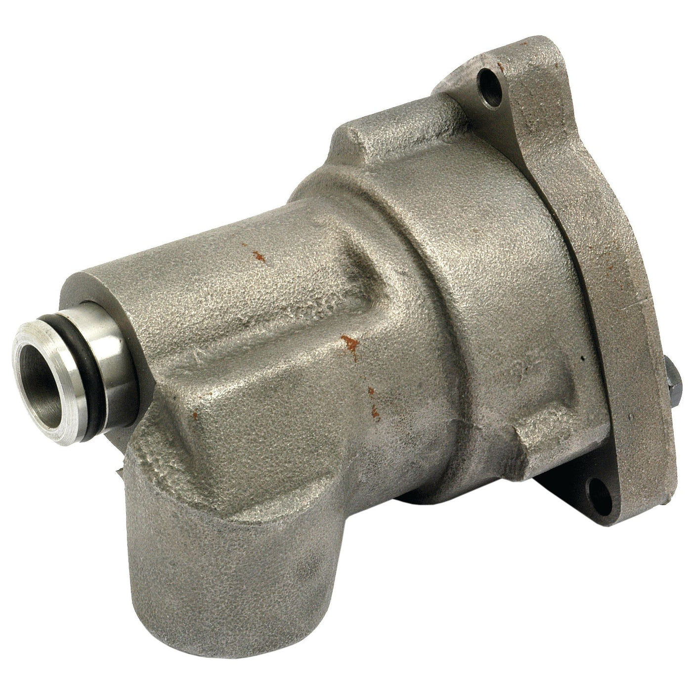 A Sparex Engine Oil Pump (Sparex Part No. S.67223) is a metal mechanical component with a cylindrical shape and a protruding nozzle on one end, mounted on a flat base, commonly found in Ford / New Holland machinery.