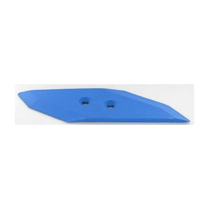 The Lemken - Share Point - 336 5541 L/H is a blue metal blade featuring two bolt holes, specifically designed for agricultural or industrial machinery and compatible with Lemken Ploughs.