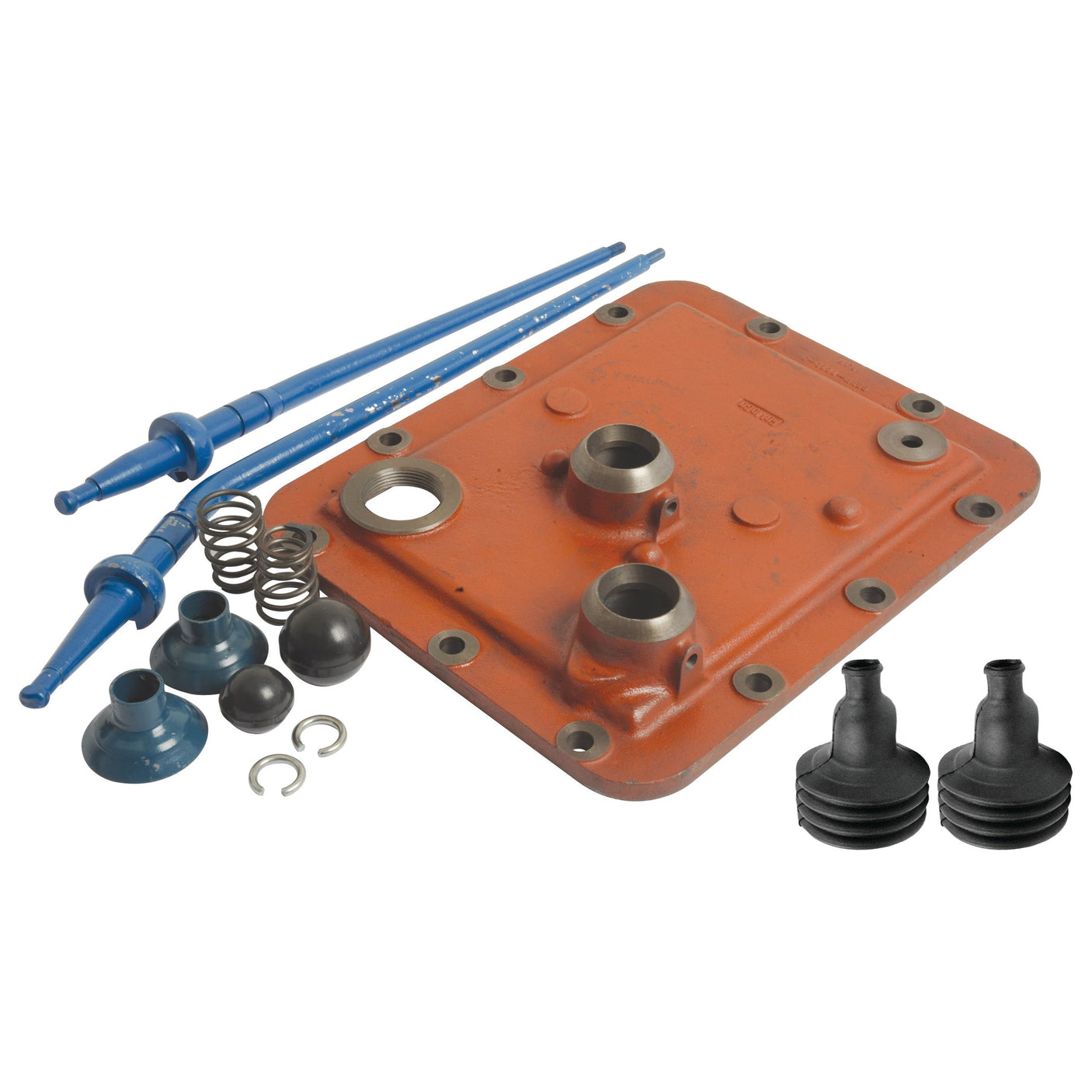 The Gear Lever & Cover Kit (Sparex Part No. S.67236), designed specifically for Ford New Holland, includes multiple bolts, O-rings, springs, dust boots, and two blue connecting rods. This comprehensive cover kit from Sparex ensures reliable performance in demanding environments.