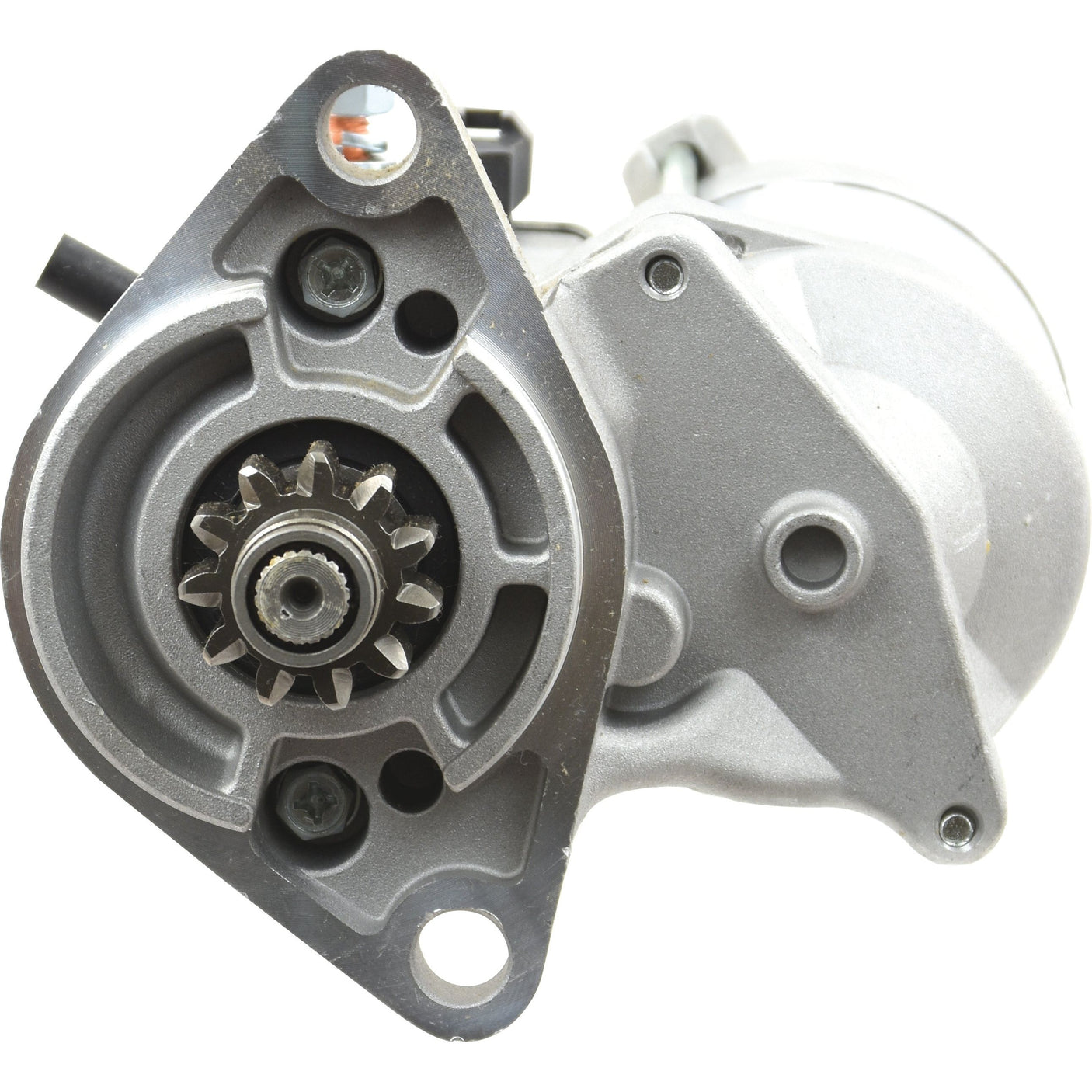 Close-up view of a metallic mechanical component with visible gears and screw holes, possibly part of the Sparex Starter Motor - 12V, 2Kw, Gear Reduced (Sparex Part No.S.67238).