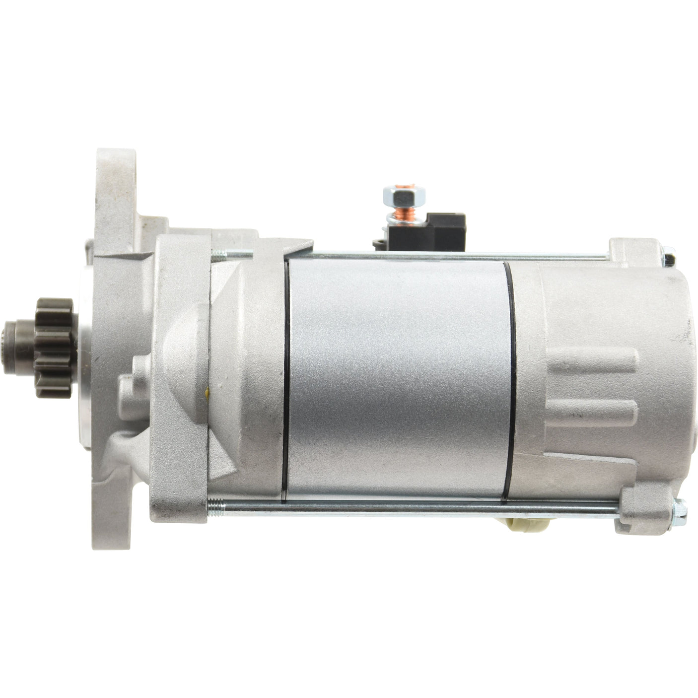 The Starter Motor - 12V, 2Kw, Gear Reducted (Sparex) (Sparex Part No.S.67238) is a cylindrical metallic component featuring a gear-reducted mechanism protruding from one end and a 12V electrical connection on the top side.