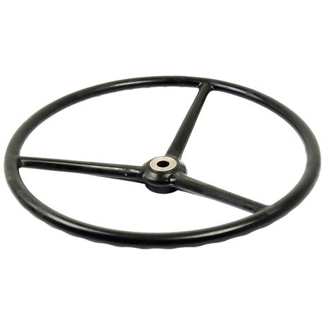 The Sparex Steering Wheel, Part No. S.67247, is a black metal wheel with three tapered spokes and a central hub for attachment, featuring a splined hole, making it ideal for Leyland 255 tractors.