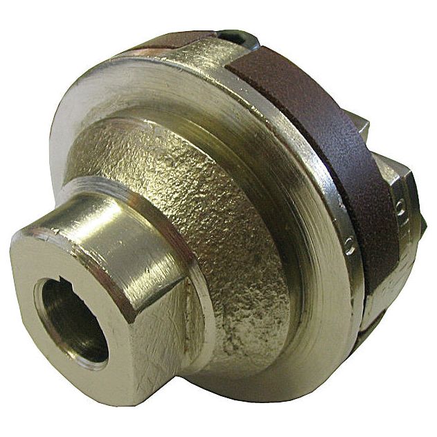 The Sparex Fuel Injector Pump Drive Assembly, Part No. S.67250, is a metal mechanical coupling with a shiny finish that connects two shafts to transmit torque. It features a hexagonal part and a circular central hole, making it an essential component of the drive assembly.