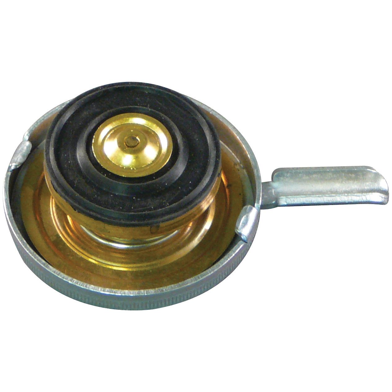 The Radiator Cap - S.67251 by Sparex is designed with a black rubber gasket and brass components, featuring a small lever handle on the side. Rated at 7psi, this cap ensures reliable performance.