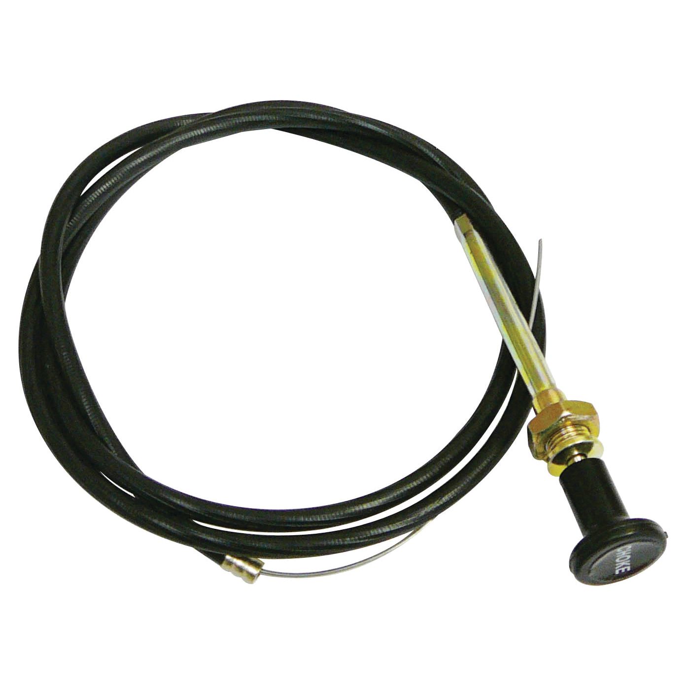 The Engine Stop Cable from Sparex (Part No. S.67271) features a black, round pull knob labeled "CHOKE" and is connected to a long, coiled wire. Measuring 1425mm in total length with an outer cable length of 1213mm, this versatile component is suitable for various applications, including use as an engine stop cable for Ford New Holland tractors.