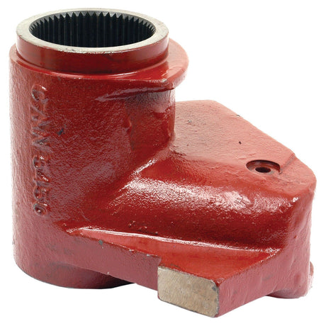 The Hydraulic Lift Arm (Sparex Part No. S.67289) by Sparex is a red-cast metal mechanical part with cylindrical and angular features, showcasing a gear-like interior and identification markings, designed to meet Ford/New Holland product specifications.