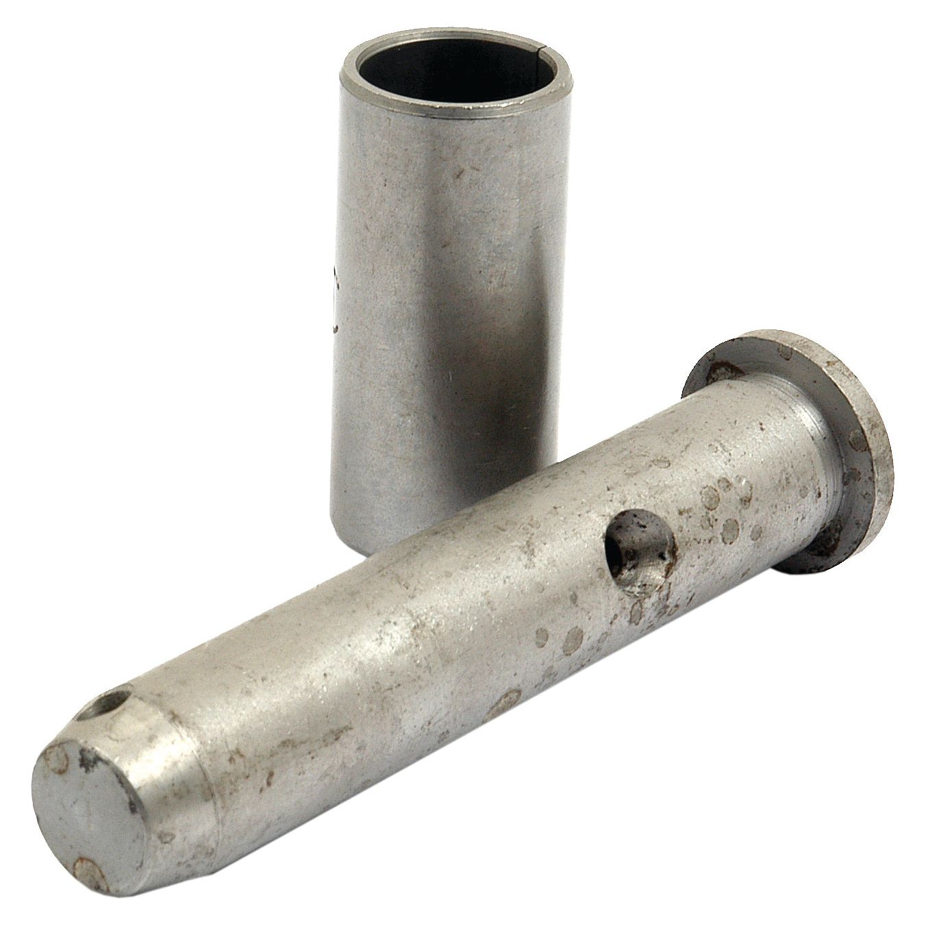 A metallic pin with a hole and a cylindrical sleeve, both of which are slightly weathered, resembling components from the Sparex Steering Pin & Bush Kit (Part No. S.67293).