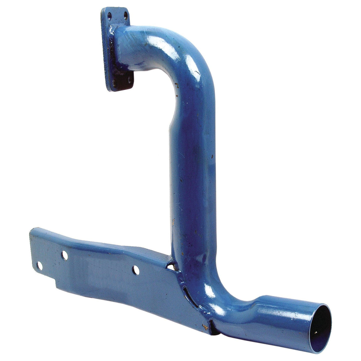 A Sparex Exhaust Elbow, Part No. S.67297, painted blue and designed for a Ford New Holland with mounting flanges on both ends.