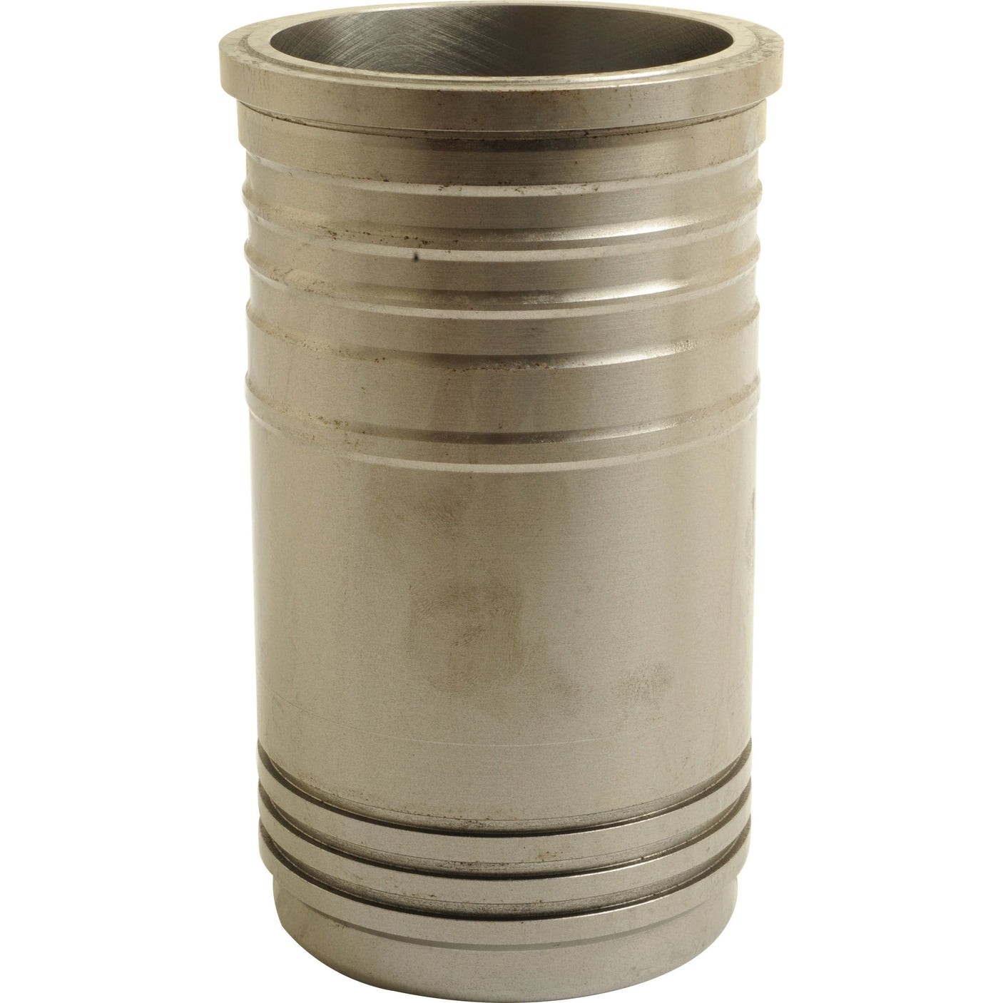 A cylindrical metal object with multiple horizontal grooves and a hollow interior, reminiscent of the Piston Liner (Finished) by Sparex, Part No. S.67368, essential for Case IH Harvester maintenance.