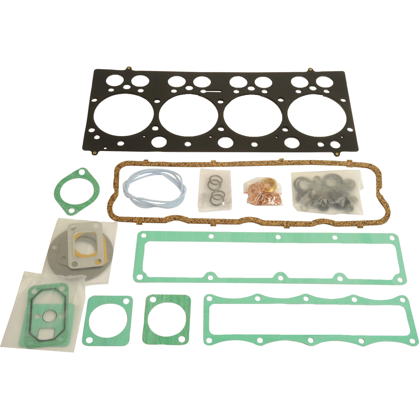 The Top Gasket Set (420D, 420DR, 420DRS, 420DW, 420DSI) by Sparex (Part No. S.67380) includes an assortment of engine gaskets and seals displayed on a white background. This set features head gaskets, O-rings, and various other gasket shapes in different materials and sizes to accommodate the diverse requirements of Valmet and Valtra Engines.