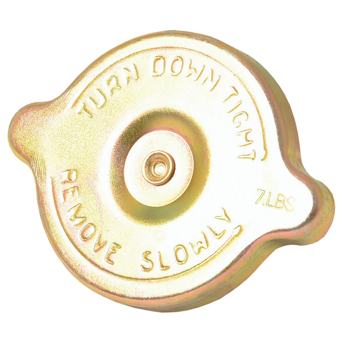 A Sparex Radiator Cap - S.67387, featuring the instructions "TURN DOWN TIGHT, REMOVE SLOWLY" and a weight of "7 LBS" inscribed on its surface, designed to withstand high pressure.