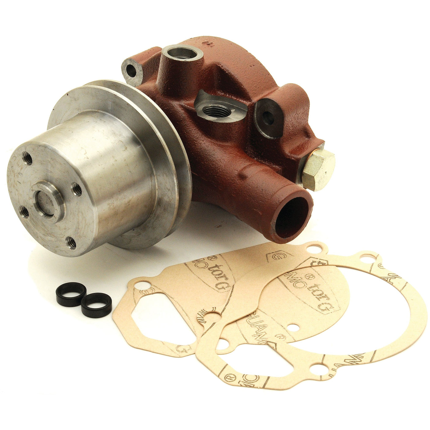 A red Water Pump Assembly (Supplied with Pulley) - S.67388 from Sparex, featuring two black O-rings, three beige gaskets, and precise grooves for the S.110899 Sparex repair kit.