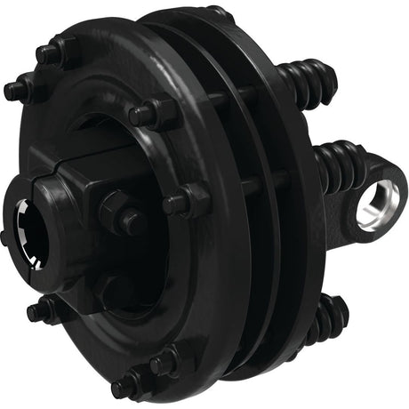 A close-up of the Sparex PTO Friction Clutch (U/J Size: 35 x 94mm; Size: 1 3/8''-6 Spline - S.6738), a black mechanical coupling device featuring multiple bolts and springs, designed for connecting machinery components and ensuring optimal torque transfer.