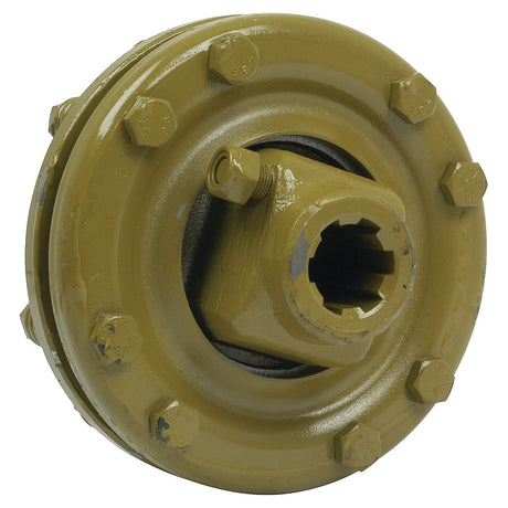 Introducing the Sparex PTO Friction Clutch (U/J Size: 30.2 x 106.5mm), a yellow metal industrial component featuring bolts, a central hub, and precise torque settings. This clutch is designed with a 1 3/8''-6 spline (S.6739) for optimal performance and reliability.