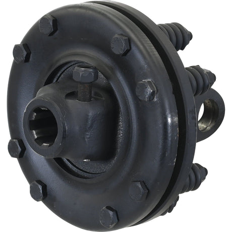 Close-up view of the PTO Friction Clutch (U/J Size: 27 x 74.5mm, Size: 1 3/8''-6 Spline - S.6740) by Sparex, equipped with multiple bolts and rubber bushings, designed for the German Series AW21/W2300 to withstand high torque.