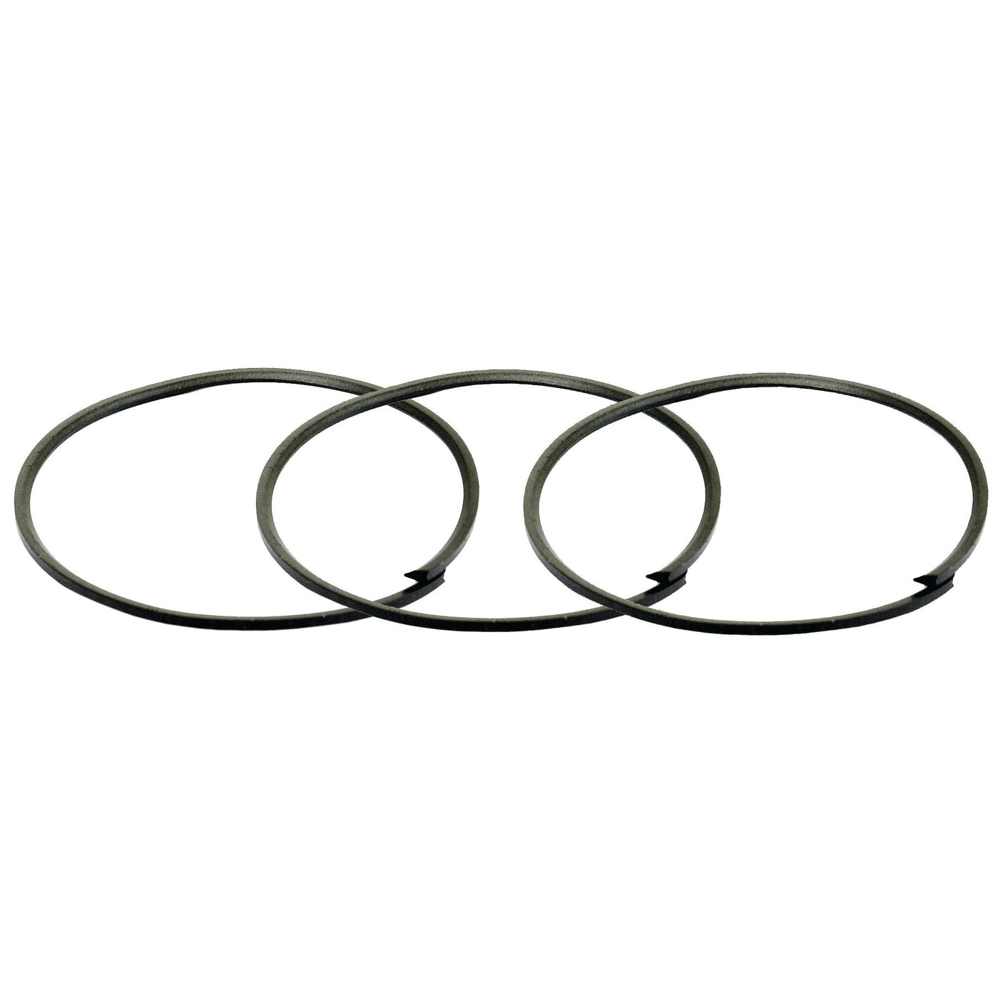 Three circular metal rings, identical in size and shape, arranged side by side and slightly overlapping, perfect for use in the Sparex Seal Kit (Part No. S.67432) for Ford New Holland tractors.