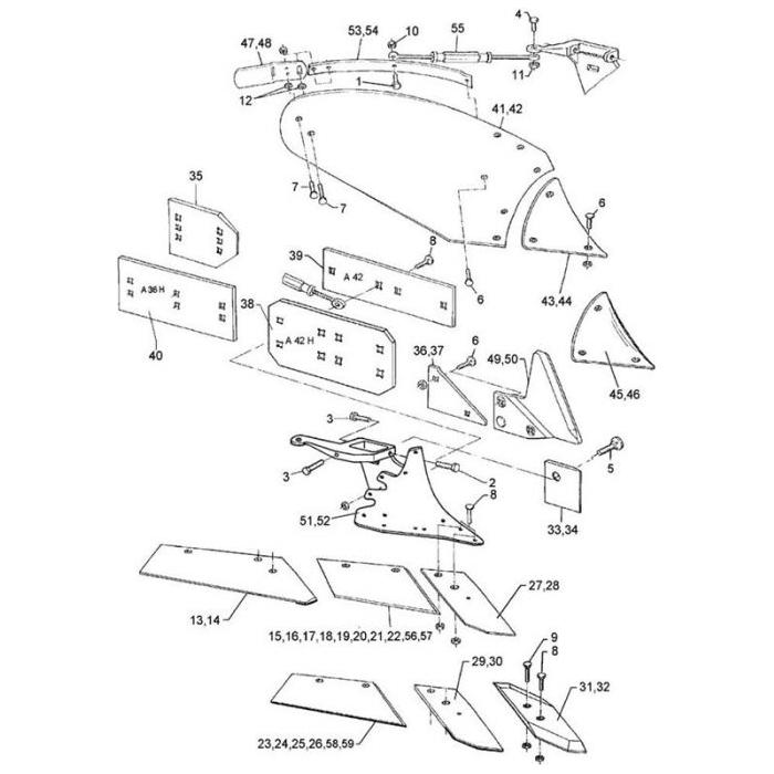An exploded diagram of a mechanical assembly with numbered parts, including the Lemken Bolt 3015767 and Position 44, featuring connecting lines indicating their placement and orientation in the Lemken - Shin B2K L/H - 345 1001.