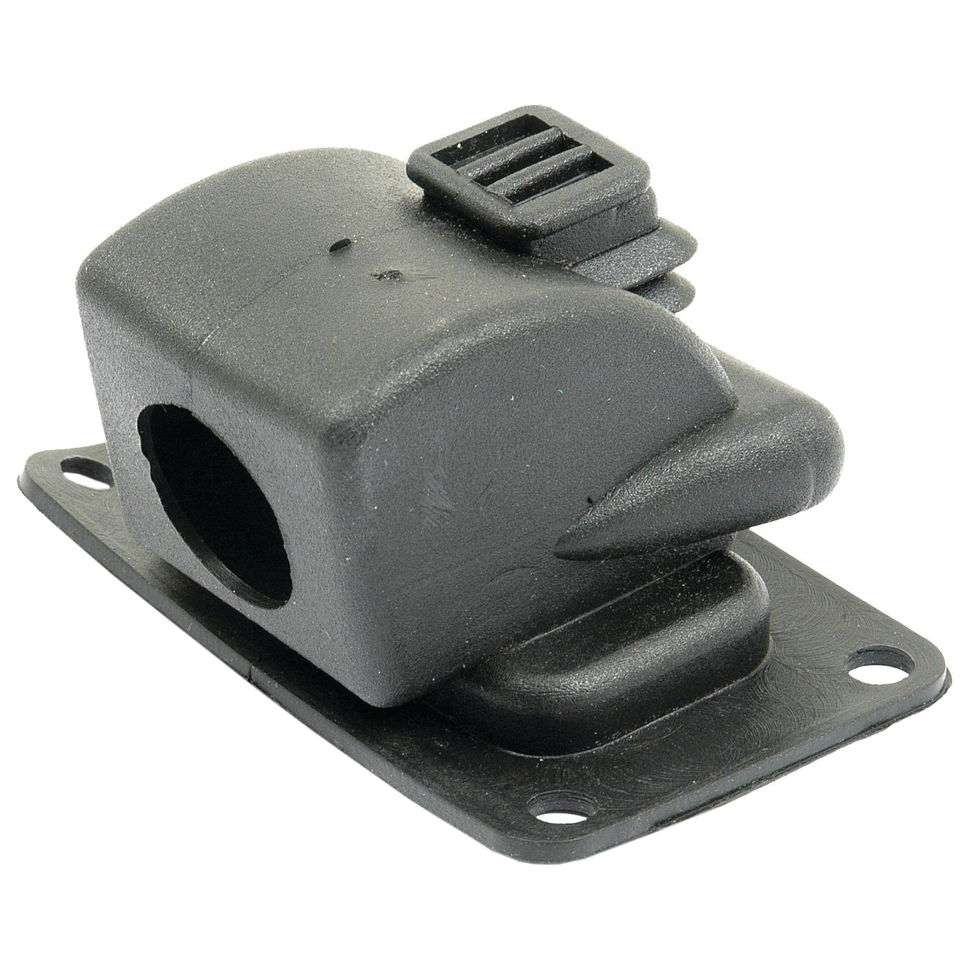 Close-up of a dark gray plastic component, specifically the Sparex Starter Boot (Sparex Part No. S.67468), featuring a rectangular connector on top and a circular opening on the side, mounted on a rectangular base with four holes, ideal for use in Ford New Holland machinery.