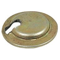 A circular metal object with a raised center and a keyhole-shaped cutout near the edge, this Brake Spring Retaining Washer (Sparex Part No. S.67472) from Sparex is compatible with models including Ford / New Holland machinery.