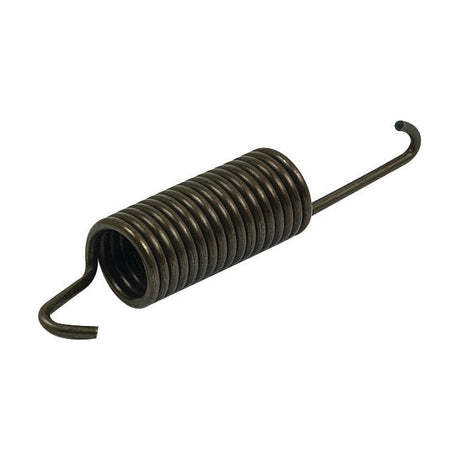 Close-up of a 110mm coiled metal tension spring with hooks on both ends, arranged horizontally against a plain white background. This Sparex Brake Return Spring (Part No. S.67493) is compatible with Ford New Holland machinery.