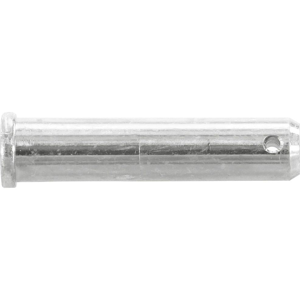 A Sparex Lower link pin 22x87mm Cat. | Sparex Part No.S.67497, featuring a cylindrical metal design with flat and pointed ends and a small hole near the pointed end.